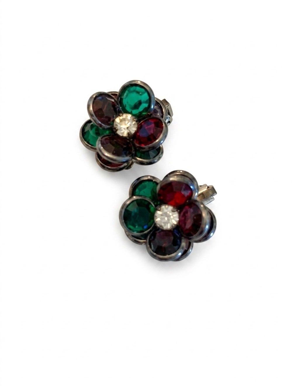Vintage Green and Red Flower Clip-on Earrings